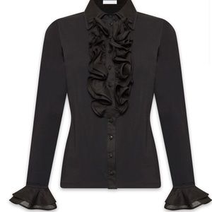 DOUBLE COLLAR AND RUFFLE PIMA JERSEY BLOUSE